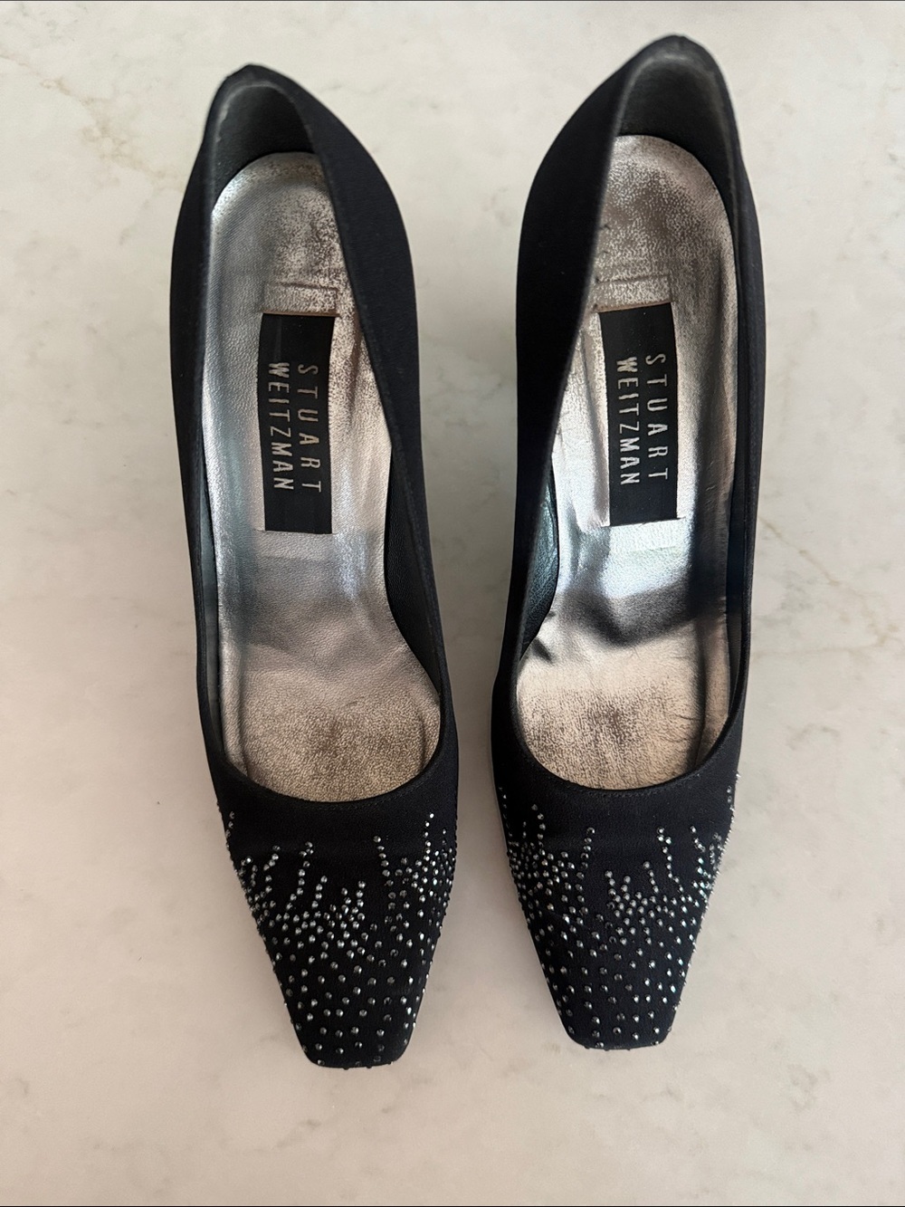 Stuart Weitzman Black Crystal-Studded Pointed Pumps - Picture 1 of 7